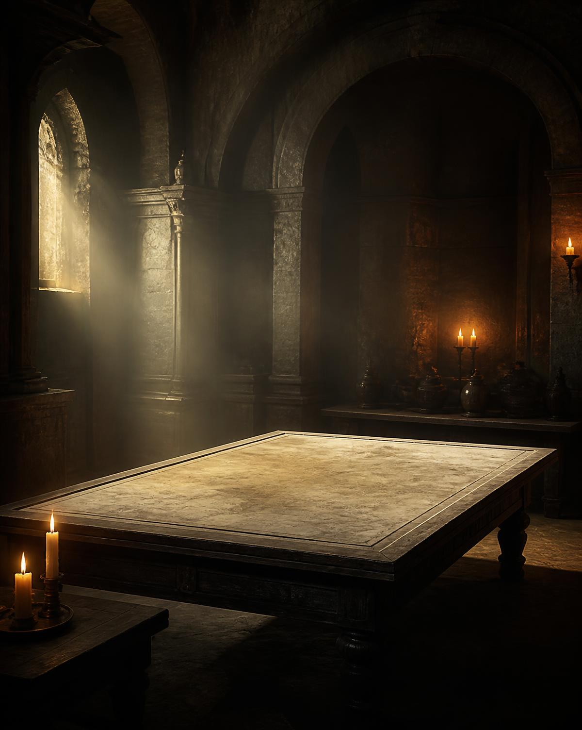 Original artwork: candlelit stone hall with an empty map table