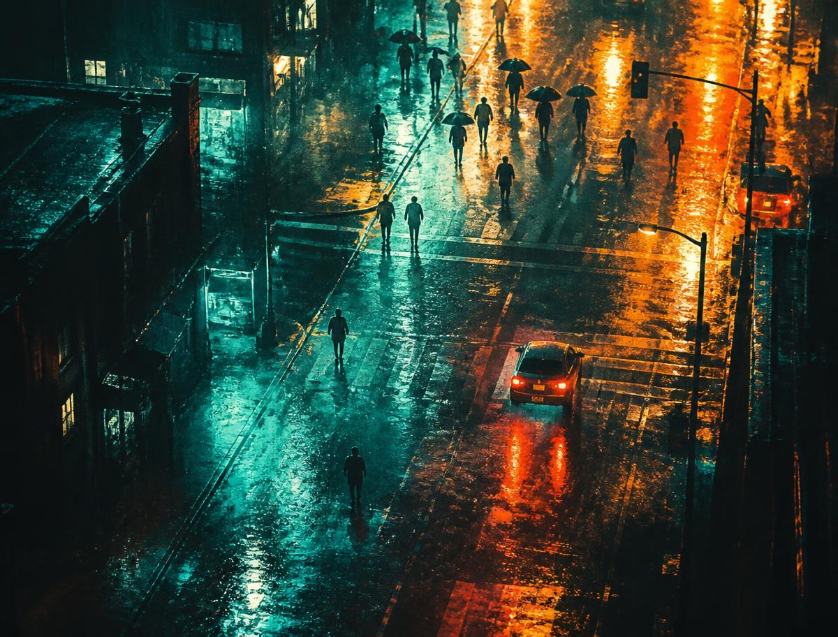 Original artwork: a rain-slicked city street lit by teal and amber reflections