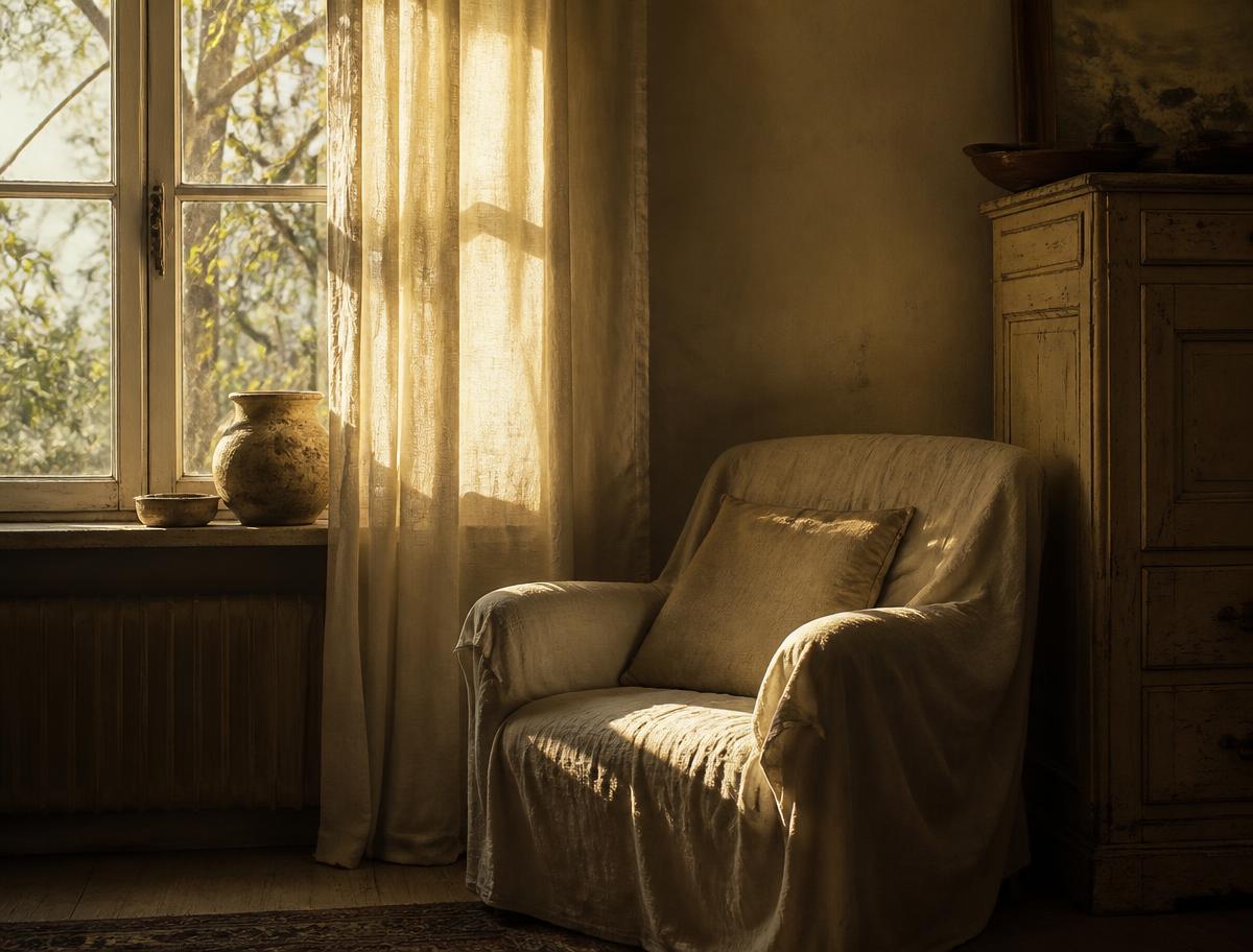 Original artwork: afternoon light falling across a quiet room and an empty armchair